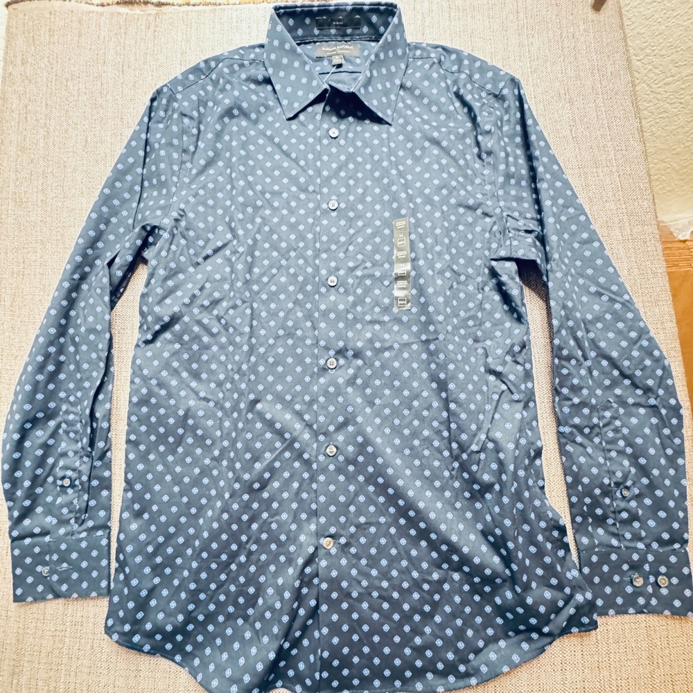 Banana Republic Mens Slim Fit Wrinkle Resistant Navy Diamond Print Shirt M 1202